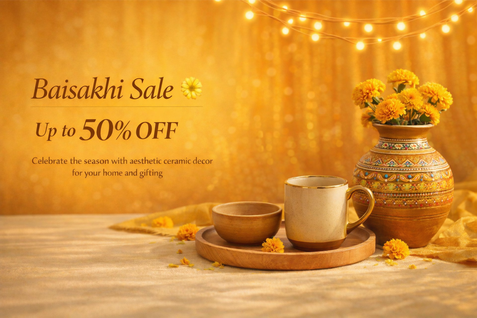 Baisakhi sale home decor under 1000 with aesthetic ceramic vase mug and festive marigold styling